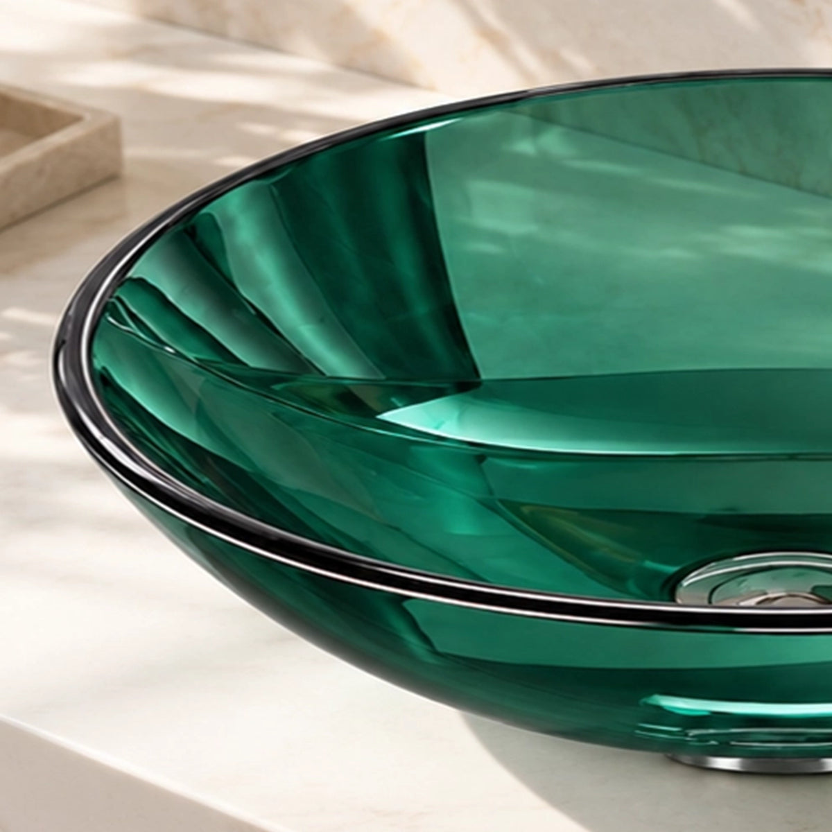 Close-up of the green tempered glass round vessel bathroom sink, highlighting its smooth curved basin and polished rim.