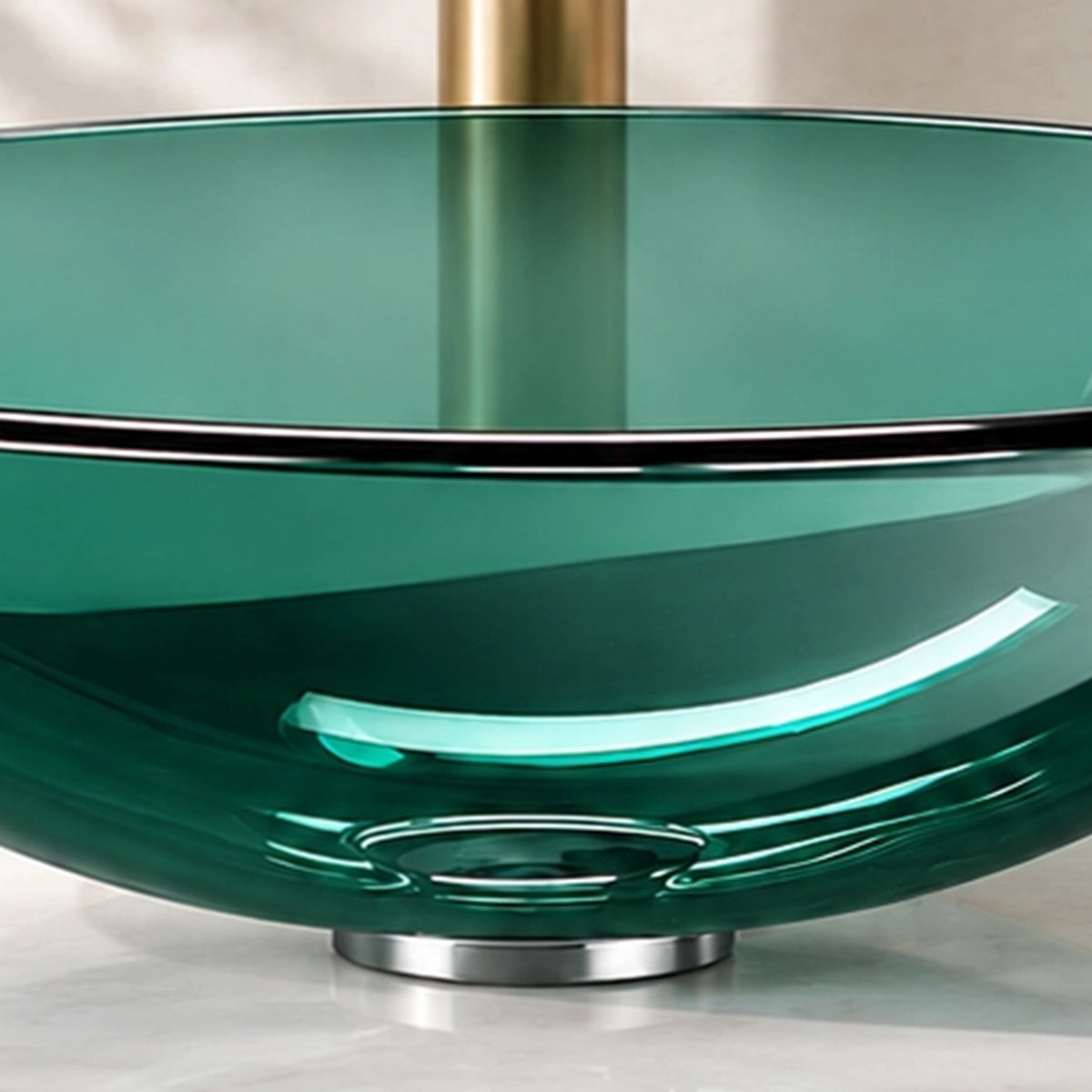 Close-up of the green tempered glass round vessel bathroom sink, highlighting the transparent glass basin and drain area.