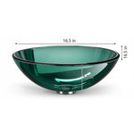 Green tempered glass round vessel bathroom sink, 16.5-inch diameter with 5.7-inch basin depth.