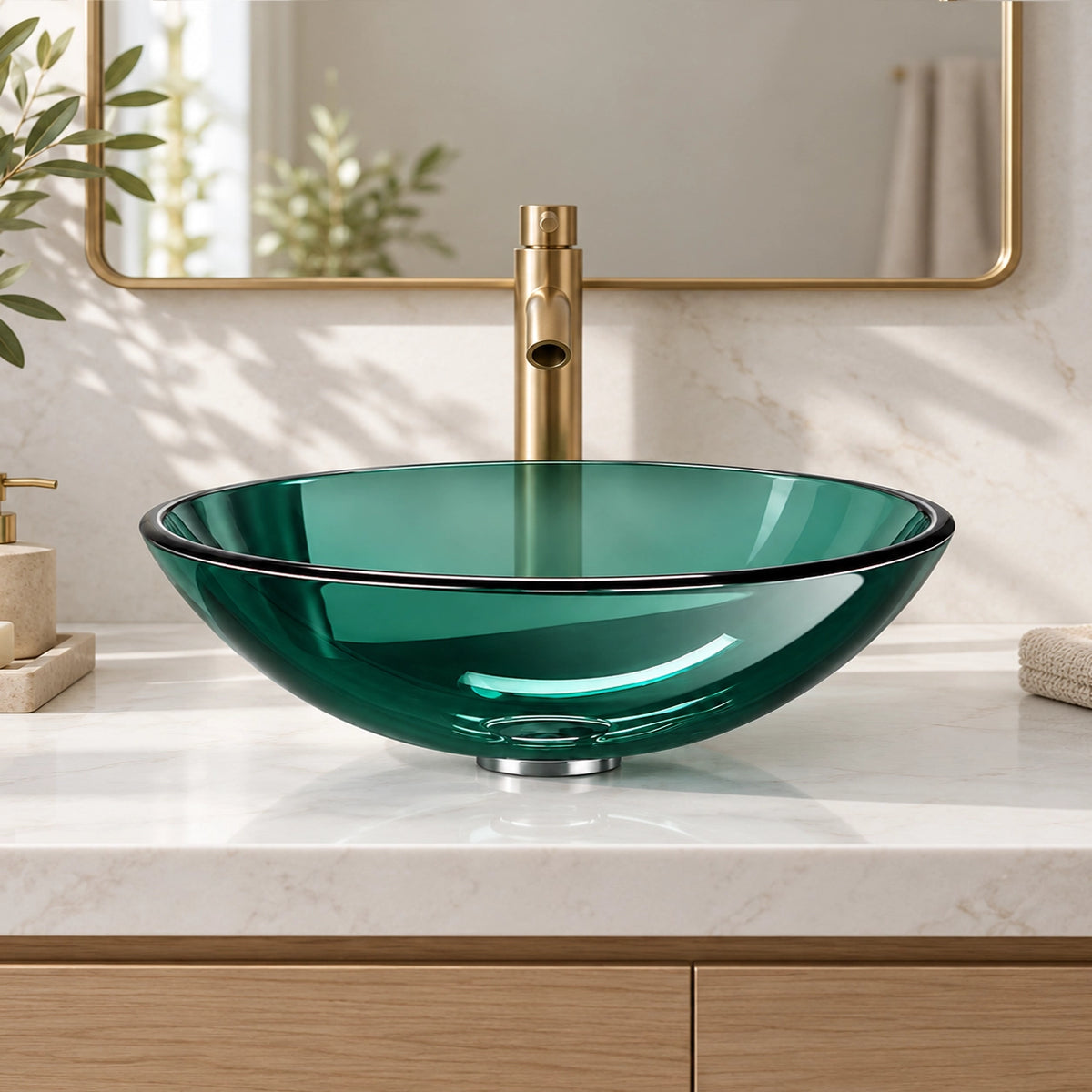 Green tempered glass round vessel bathroom sink with gold faucet on countertop