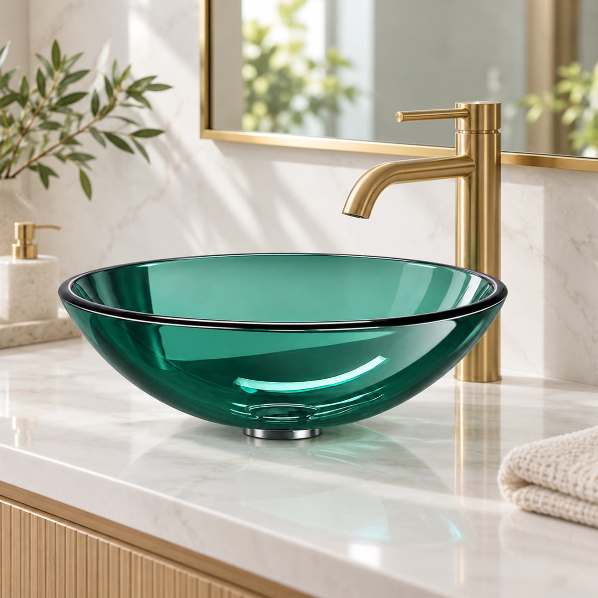 Green tempered glass round vessel bathroom sink with gold single-hole faucet on countertop