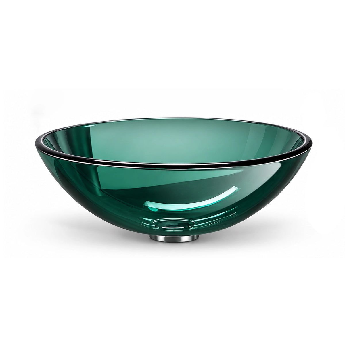 Green tempered glass round vessel bathroom sink with a smooth curved basin and polished rim.