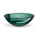 Green tempered glass round vessel bathroom sink with a smooth curved basin and polished rim.