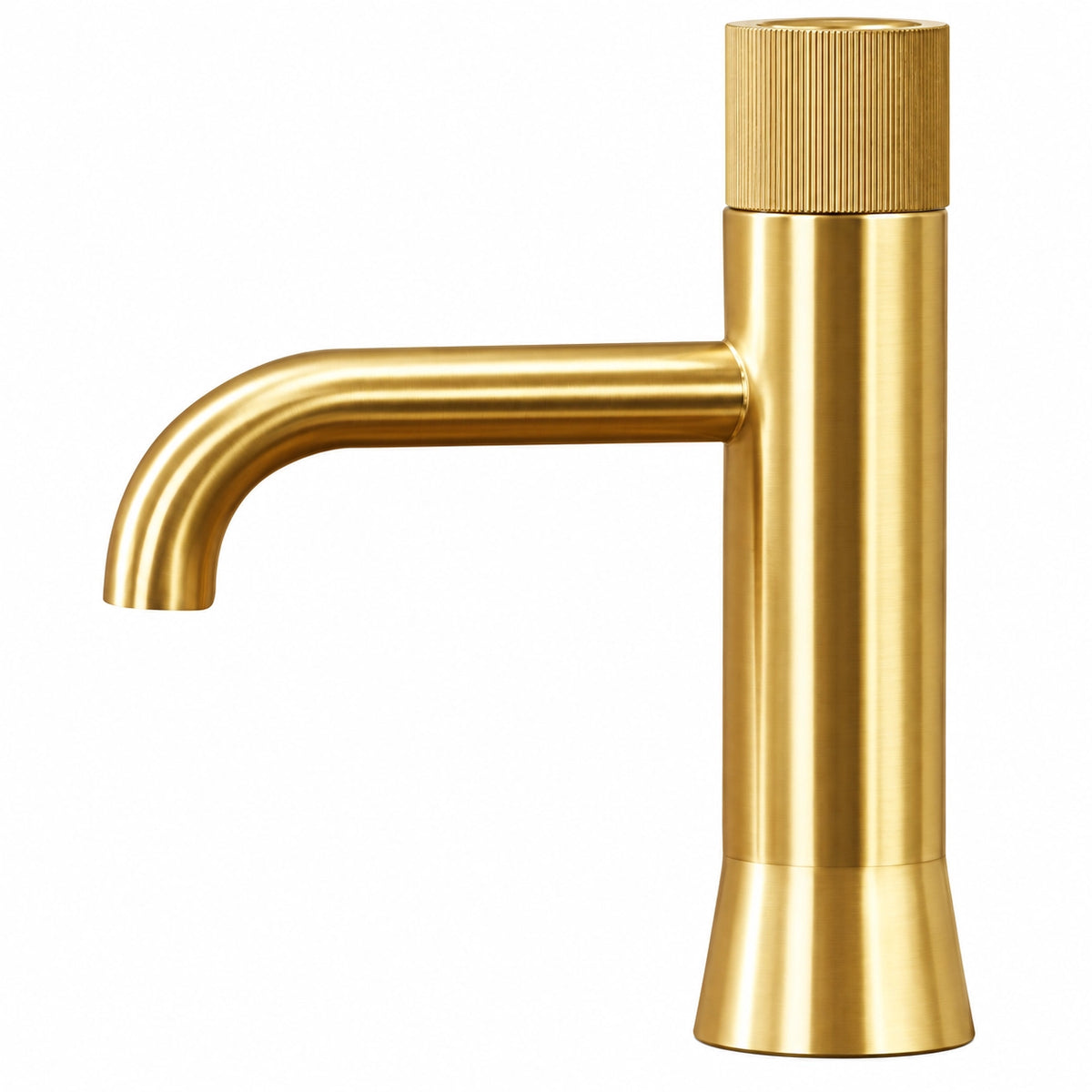 Gold-tone single-handle bathroom faucet with curved spout and brushed finish