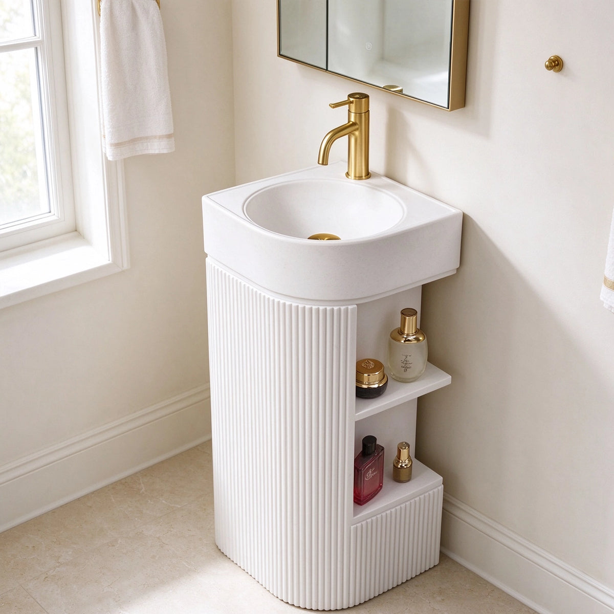 White freestanding bathroom sink with round basin and vertical fluted cabinet design