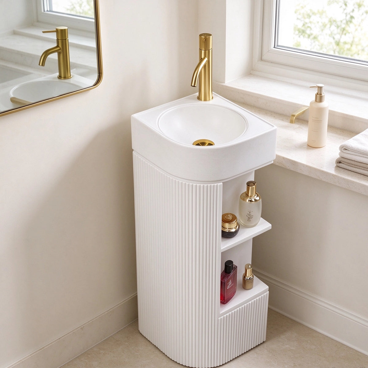 White round pedestal bathroom sink with a freestanding fluted pedestal base, open storage shelves, and gold-tone faucet.