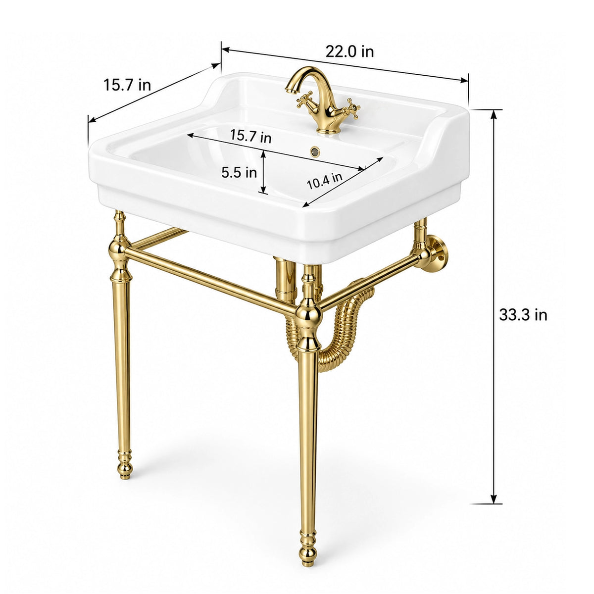 White rectangular console bathroom sink with gold-tone supports and labeled dimensions of 22 inches wide, 15.7 inches deep, and 33.3 inches high