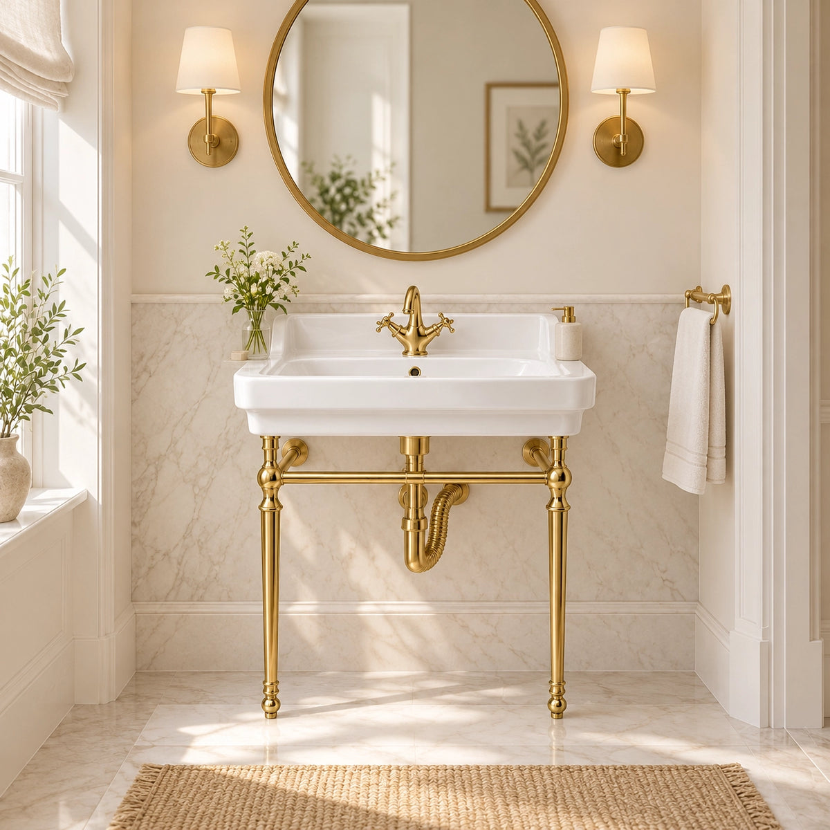 White rectangular console bathroom sink with gold-tone supports in an elegant bathroom setting