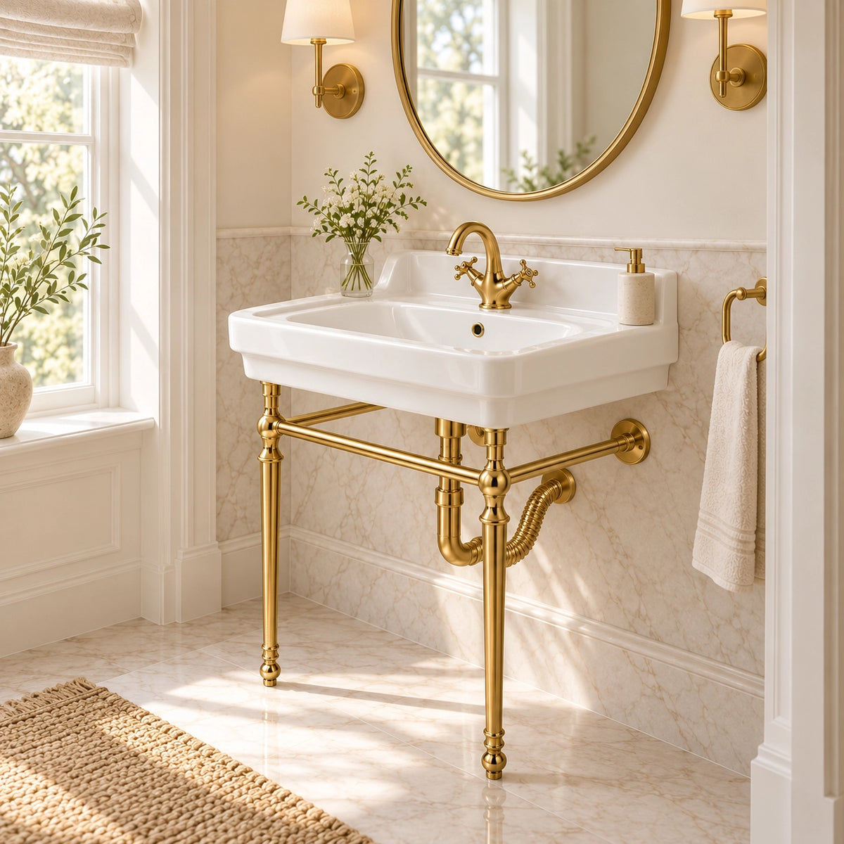 White rectangular console bathroom sink with two visible gold-tone supports in a bright bathroom setting