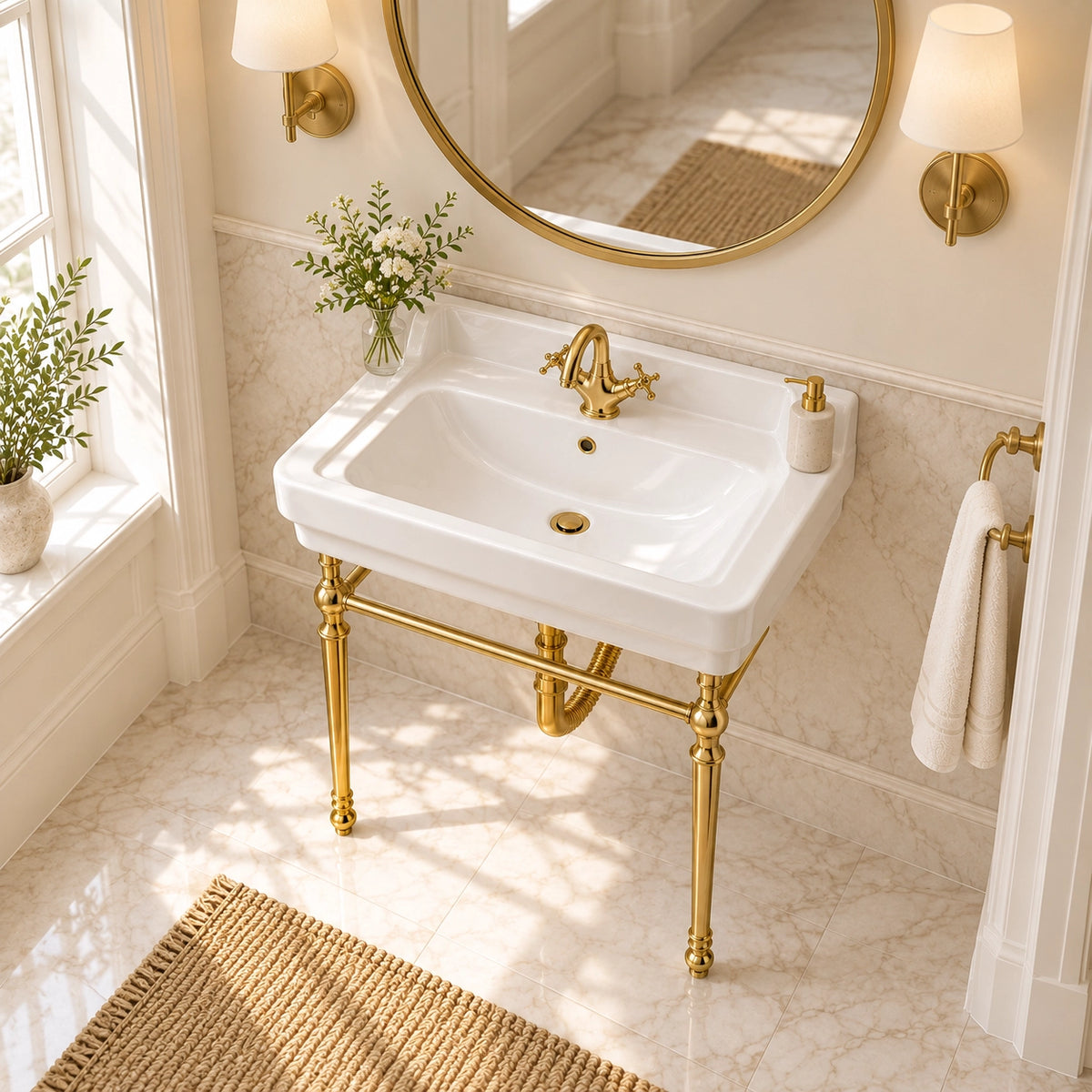White rectangular console bathroom sink with gold-tone supports in a bright, elegant bathroom setting