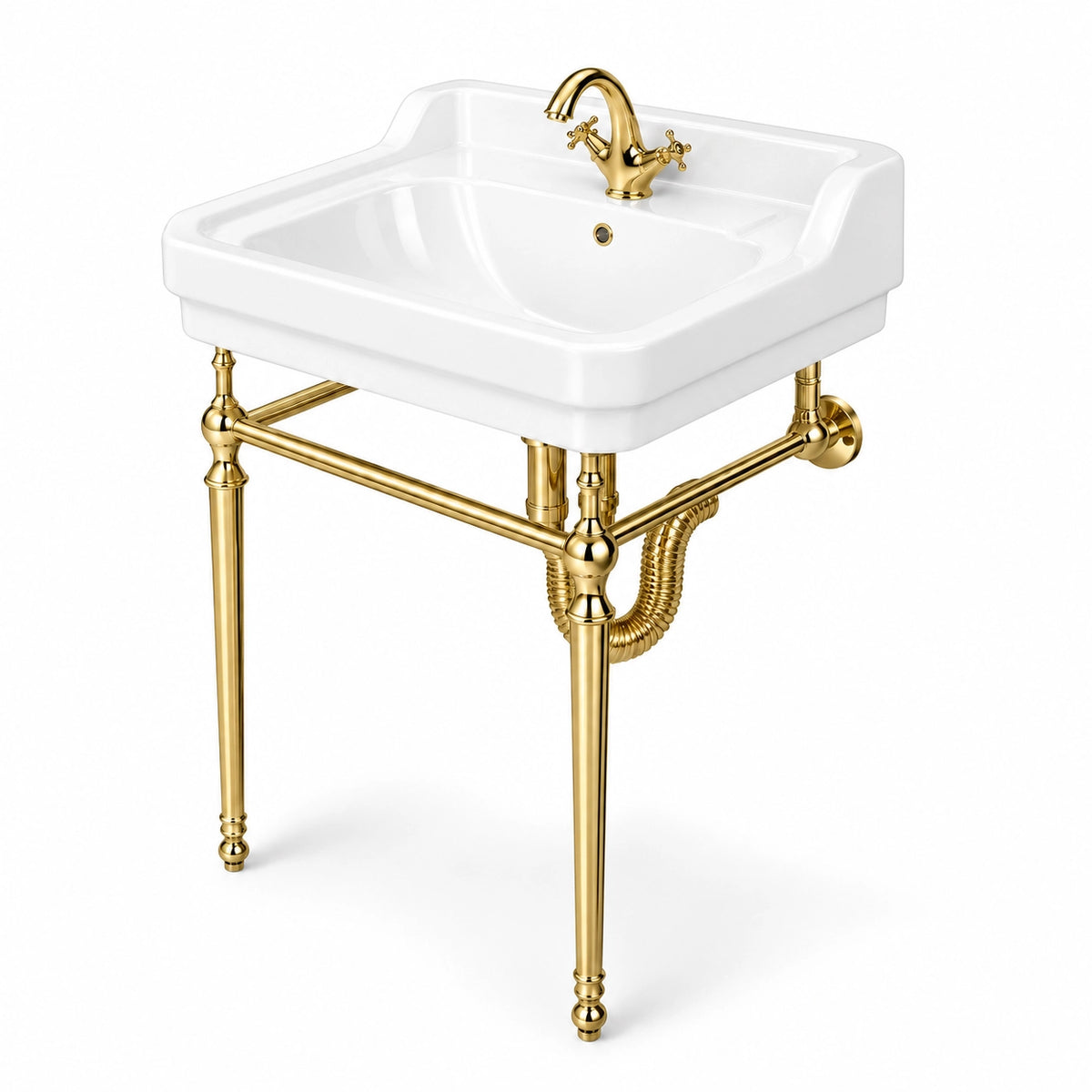 White rectangular console bathroom sink with gold-tone supports and faucet on a floor-mounted frame