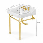 White ceramic rectangular console bathroom sink with gold frame dimensions 23.6 in W × 18.5 in D × 31.1 in H