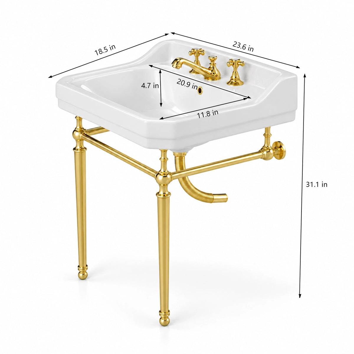 White ceramic rectangular console bathroom sink with gold frame dimensions 23.6 in W × 18.5 in D × 31.1 in H