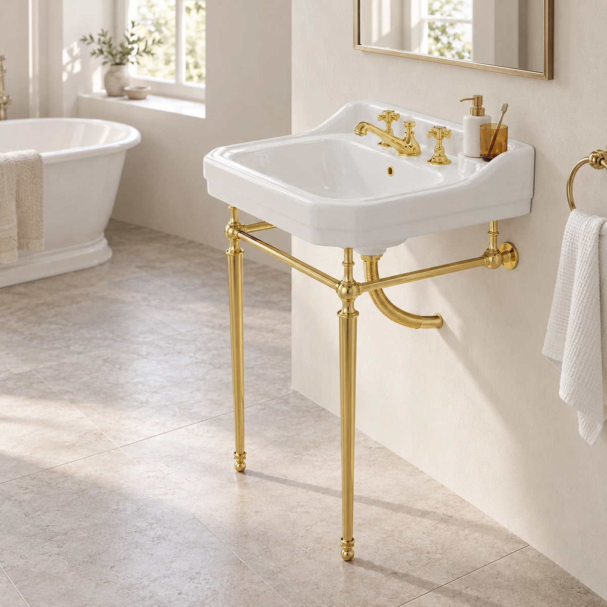 White rectangular console bathroom sink with gold-tone support frame and three-hole faucet in a spacious bathroom setting