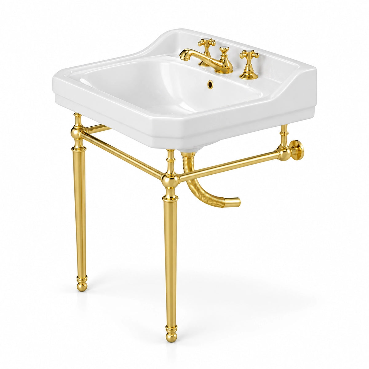 White ceramic rectangular console bathroom sink with gold-tone frame and three-hole faucet.