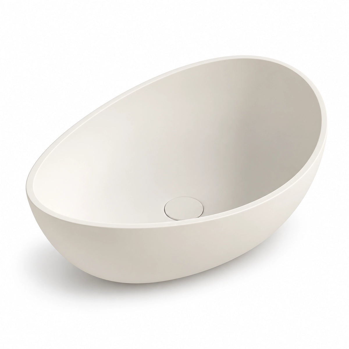 White engineered stone oval vessel bathroom sink with a smooth curved basin and integrated drain cover