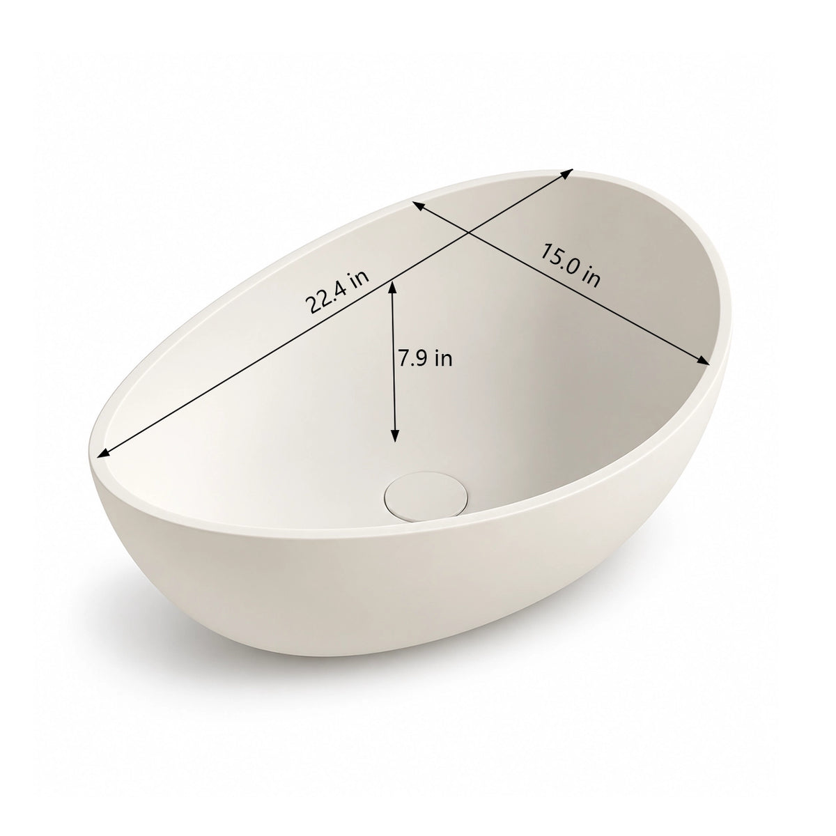 White engineered stone oval vessel bathroom sink, 22.4" W × 15" D × 7.9" basin depth