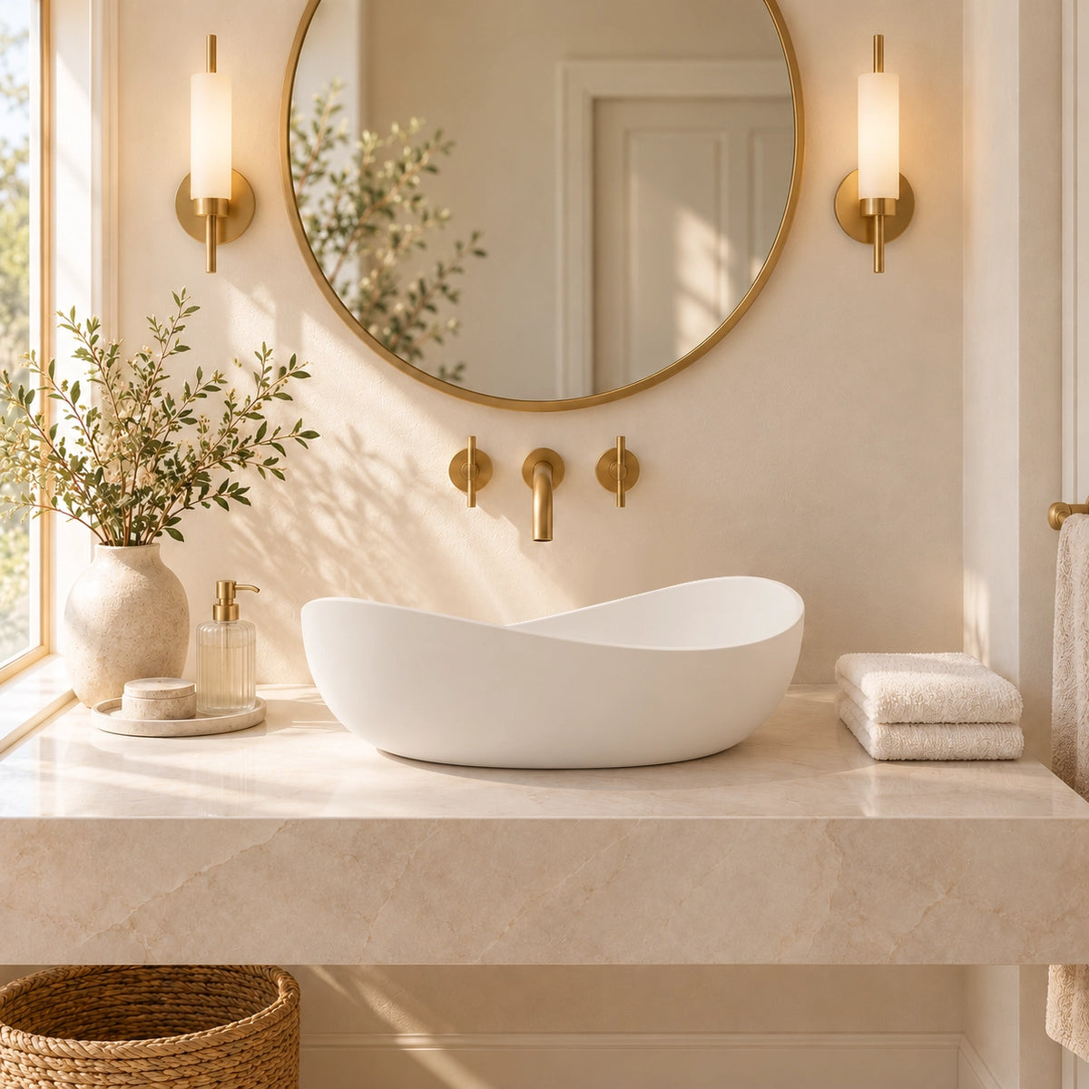 White Engineered Stone Oval Vessel Bathroom Sink in a modern bathroom vanity setting