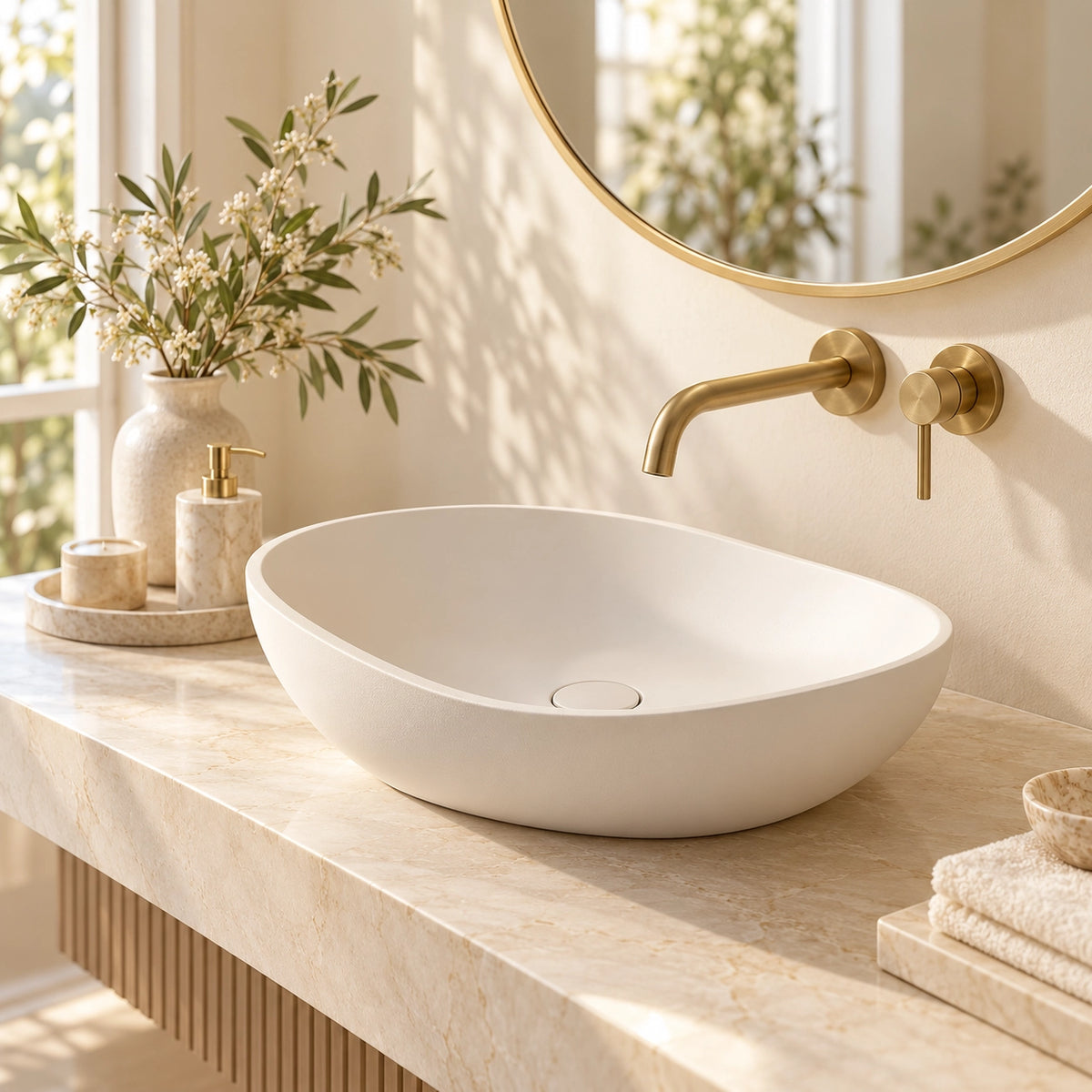 White oval vessel bathroom sink with wall-mounted faucet on a bathroom countertop