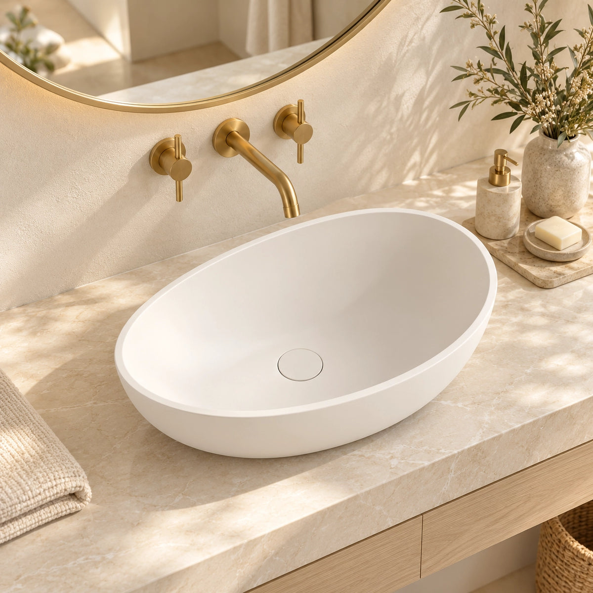 White engineered stone oval vessel bathroom sink on a marble countertop with wall-mounted faucet