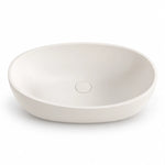 White engineered stone oval vessel bathroom sink with a smooth, low-profile basin design