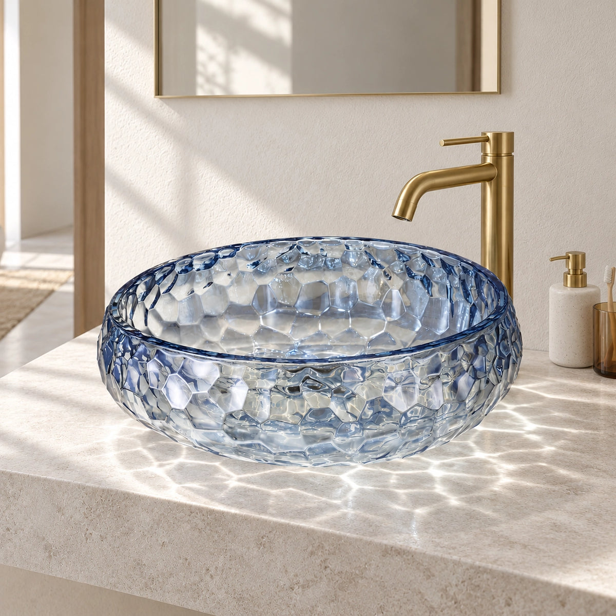Blue glass round vessel bathroom sink with a textured surface and above-counter installation