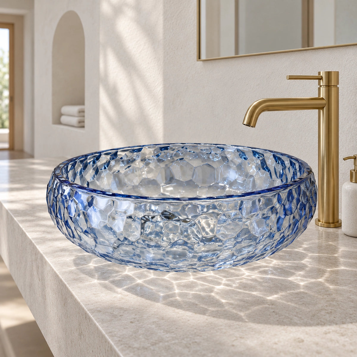 Blue glass round vessel bathroom sink with a textured surface and above-counter installation