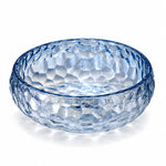 Blue glass round vessel bathroom sink with textured glass surface