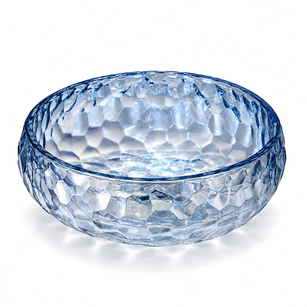 Blue glass round vessel bathroom sink with textured glass surface