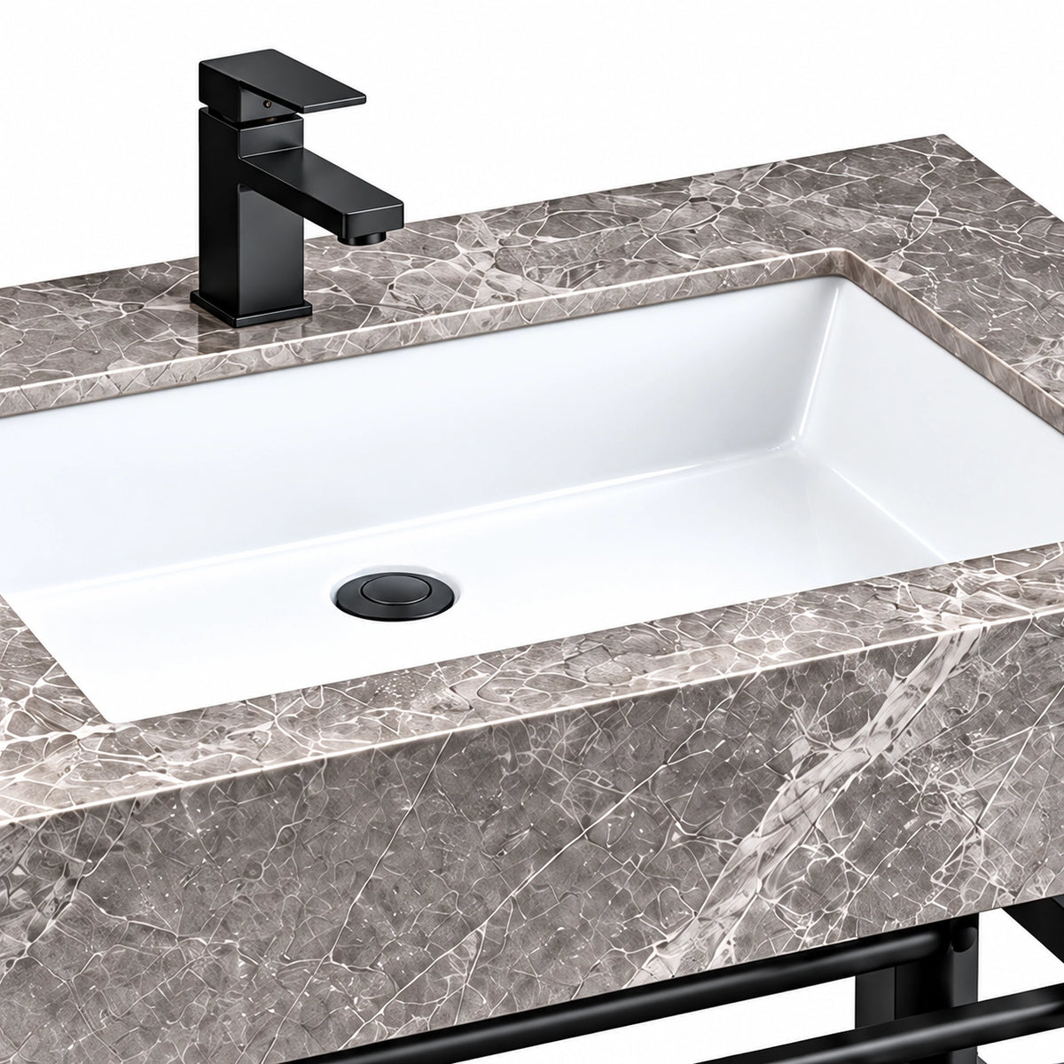 White ceramic rectangular basin with integrated overflow and black single-hole faucet, shown within a grey console bathroom sink countertop.