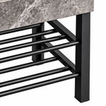 Black stainless steel support frame with horizontal open shelving bars for the console bathroom sink.