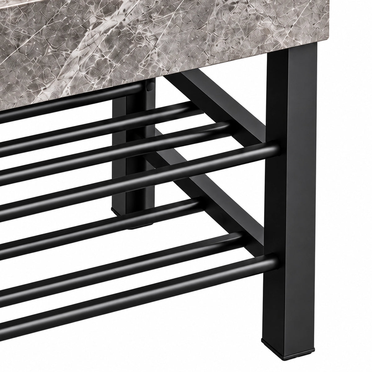 Black stainless steel support frame with horizontal open shelving bars for the console bathroom sink.
