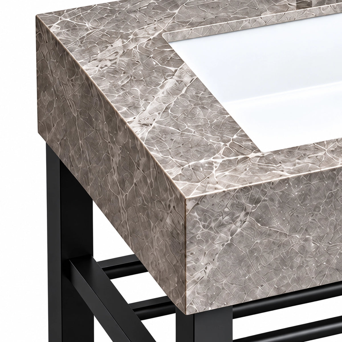 Grey ceramic rectangular basin with a marble-look finish and open black stainless steel support frame.