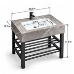 Grey ceramic rectangular console bathroom sink dimensions: 27.6 in W × 19.7 in D × 31.9 in H; basin 16.9 in W × 11.8 in D × 5.1 in deep.
