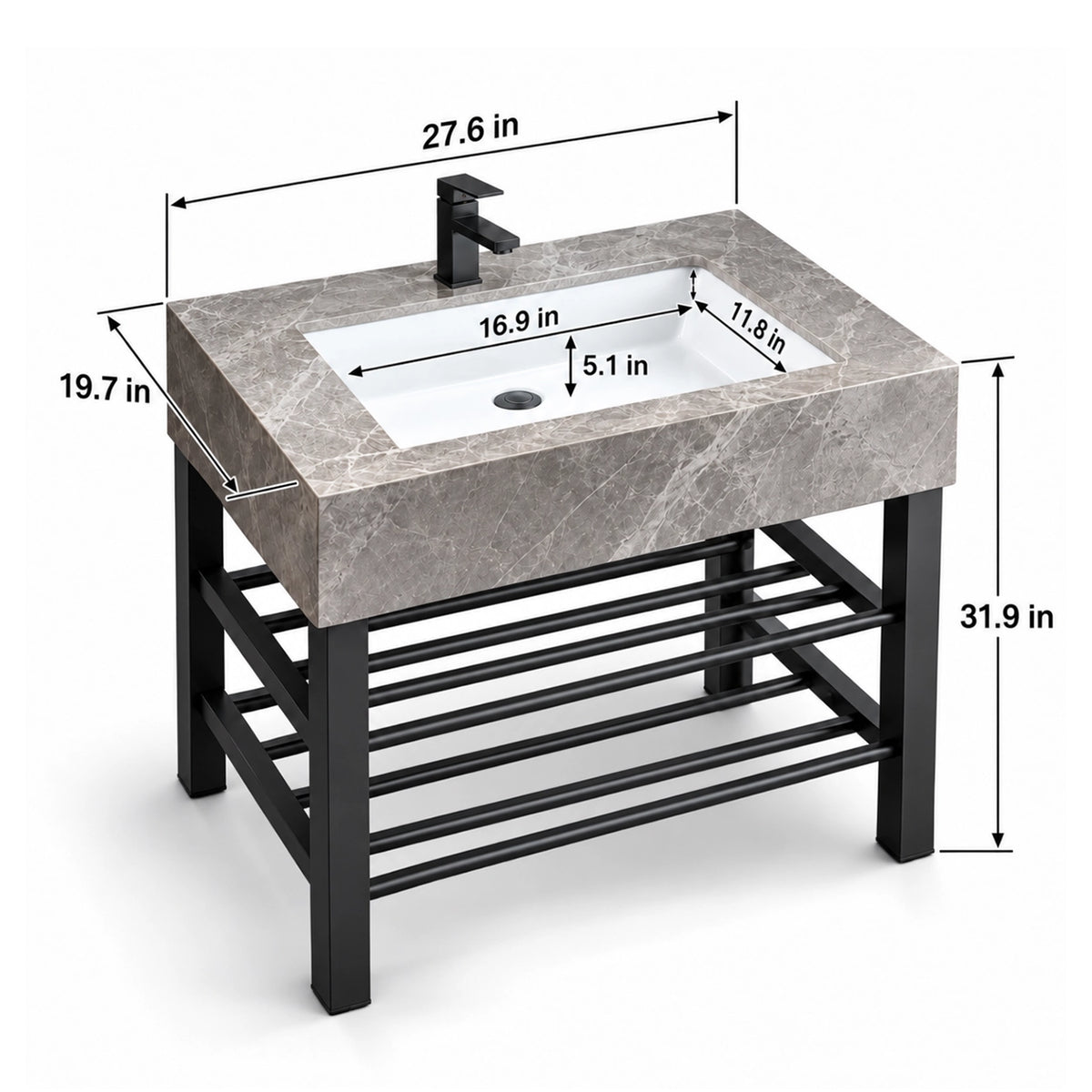 Grey ceramic rectangular console bathroom sink dimensions: 27.6 in W × 19.7 in D × 31.9 in H; basin 16.9 in W × 11.8 in D × 5.1 in deep.