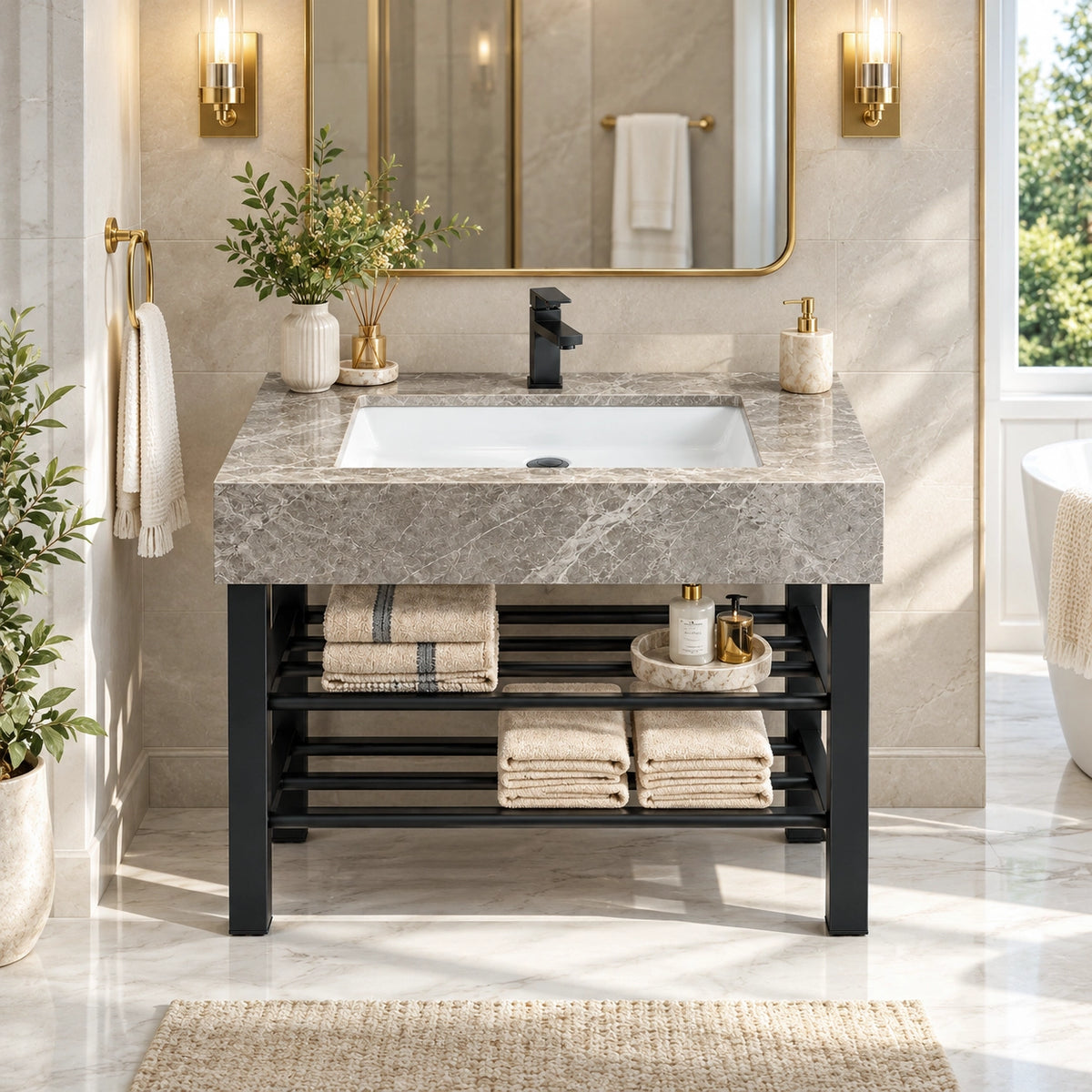 Grey ceramic rectangular console bathroom sink with open black metal support frame.