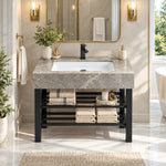 Grey ceramic rectangular console bathroom sink with open black metal support frame.