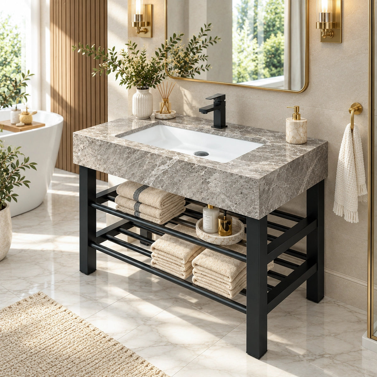 Grey ceramic rectangular console bathroom sink with open black metal support frame.