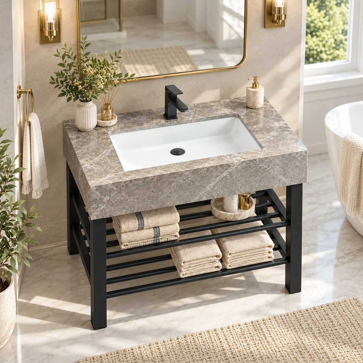 Grey ceramic rectangular console bathroom sink with an open black metal support frame and integrated rectangular basin.