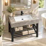 Grey ceramic rectangular console bathroom sink with an open black metal support frame and integrated rectangular basin.