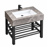 Grey ceramic rectangular console bathroom sink with white basin and open black stainless steel frame.