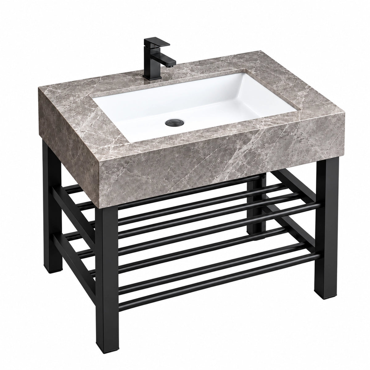 Grey ceramic rectangular console bathroom sink with white basin and open black stainless steel frame.