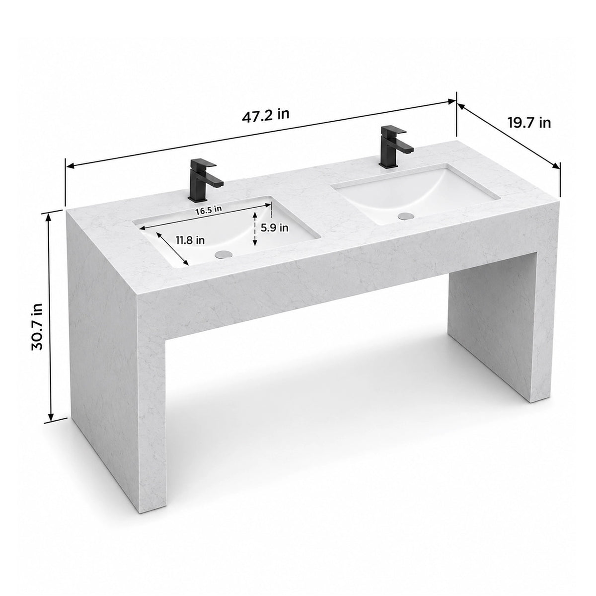 Ariston White engineered stone double bathroom console sink with two integrated basins, open floor-mounted design, and overall dimensions of 47.2" W × 19.7" D × 30.7" H.