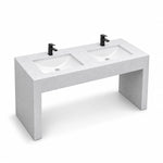 Ariston White engineered stone double bathroom console sink with two integrated basins and an open floor-mounted design.