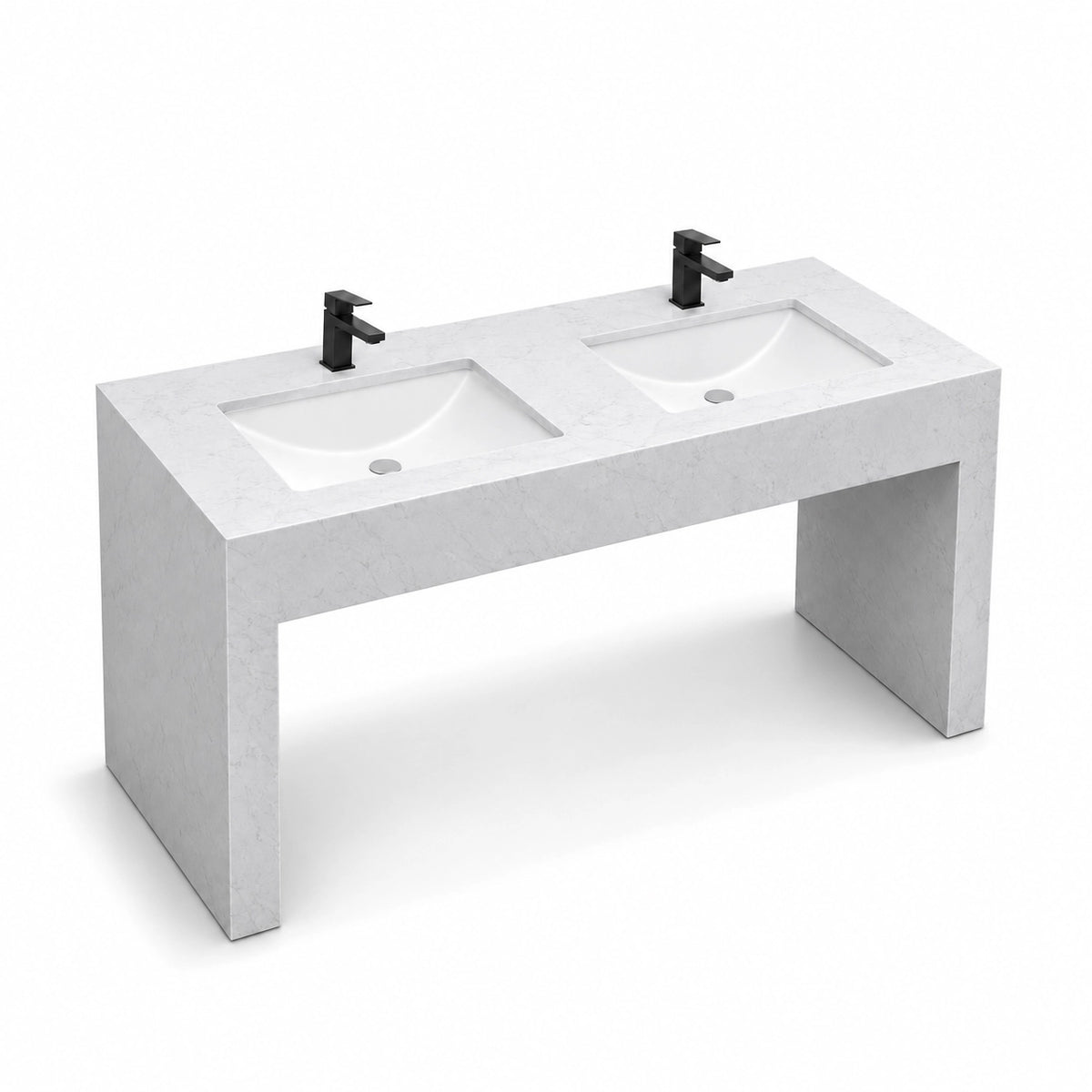 Ariston White engineered stone double bathroom console sink with two integrated basins and an open floor-mounted design.