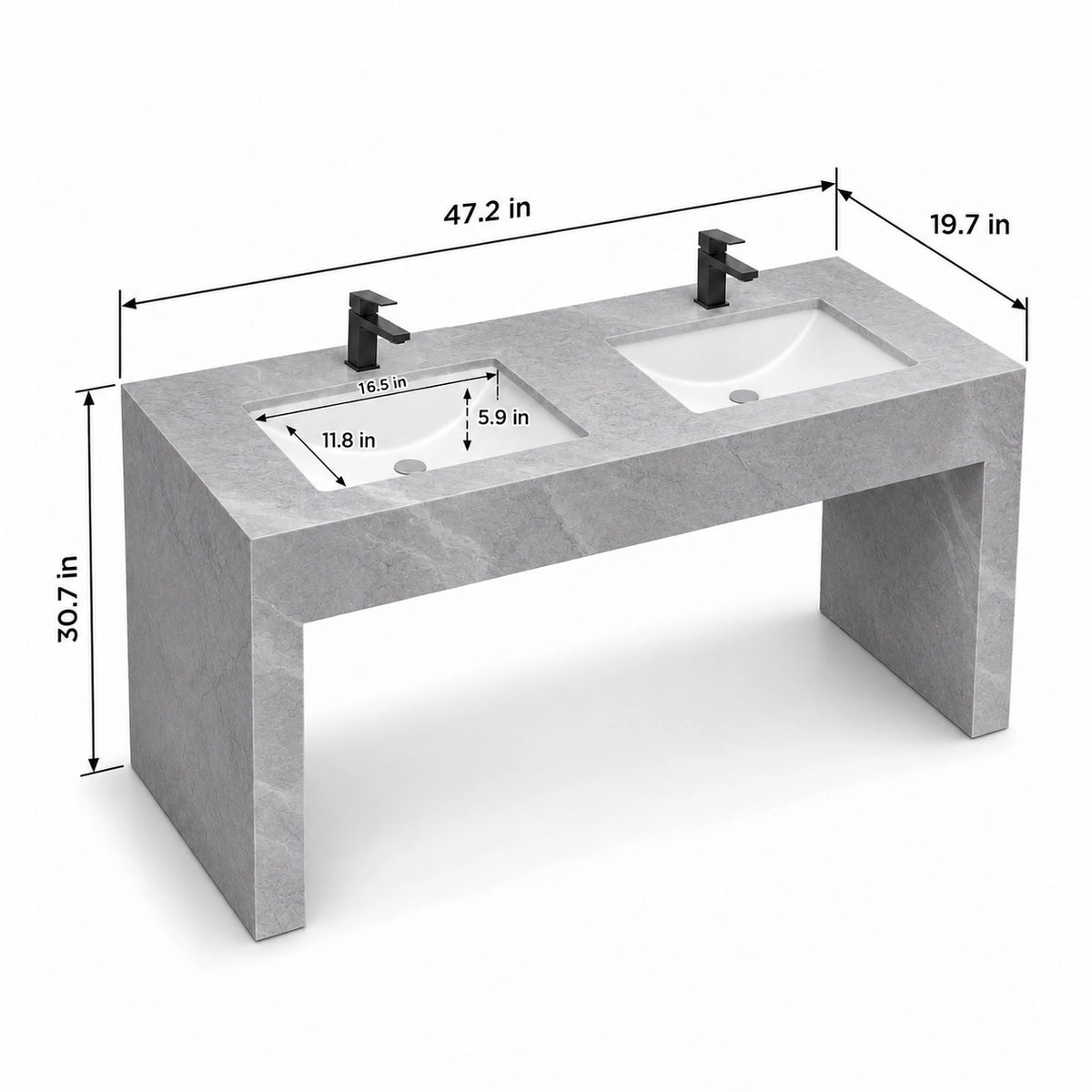 Galley Grey engineered stone double bathroom console sink with two integrated basins and open floor-mounted design, 47.2" W × 19.7" D × 30.7" H.