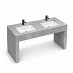 Galley Grey engineered stone double bathroom console sink with two integrated basins and an open floor-mounted design.
