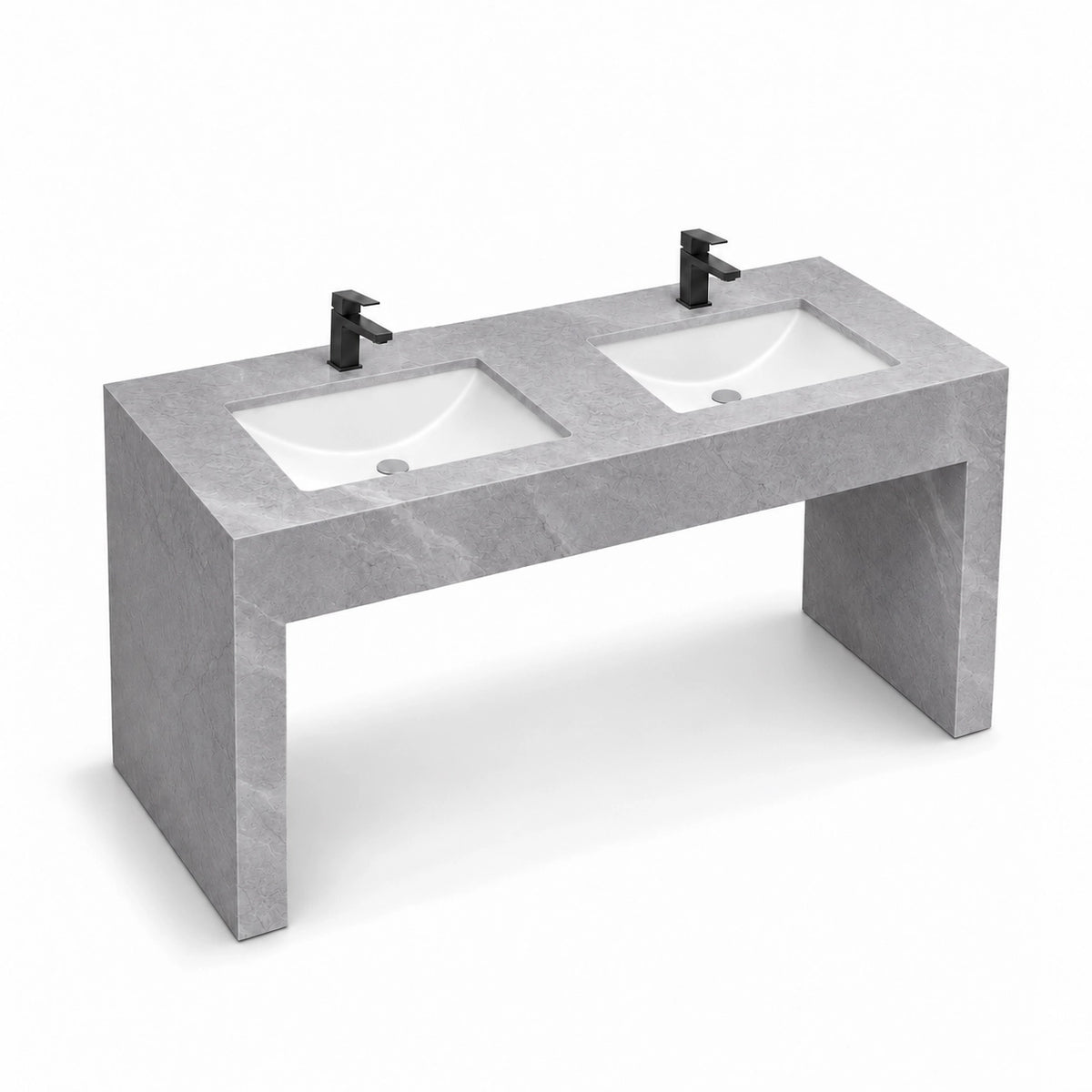 Galley Grey engineered stone double bathroom console sink with two integrated basins and an open floor-mounted design.