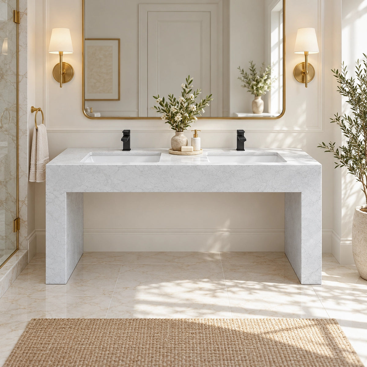Console engineered stone double bathroom sink with two integrated basins and an open floor-mounted design in a bright modern bathroom.