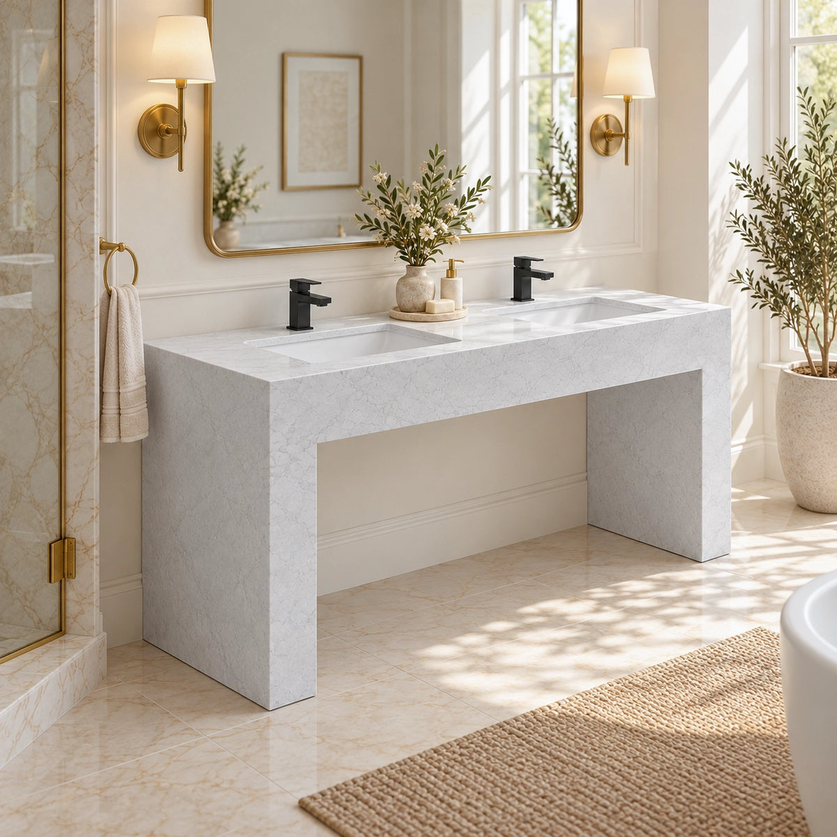 Ariston White engineered stone double bathroom console sink with two integrated basins and open floor-mounted design.